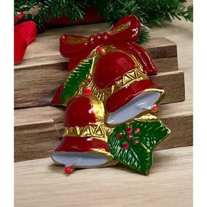 Vintage Christmas Bells Ringing Brooch Pin Red Green Gold Tone